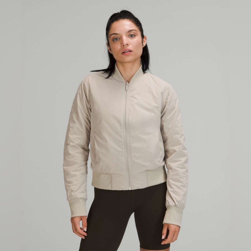 Lulu lemon non stop cotton bomber jacket in raw linen color beige khaki tan